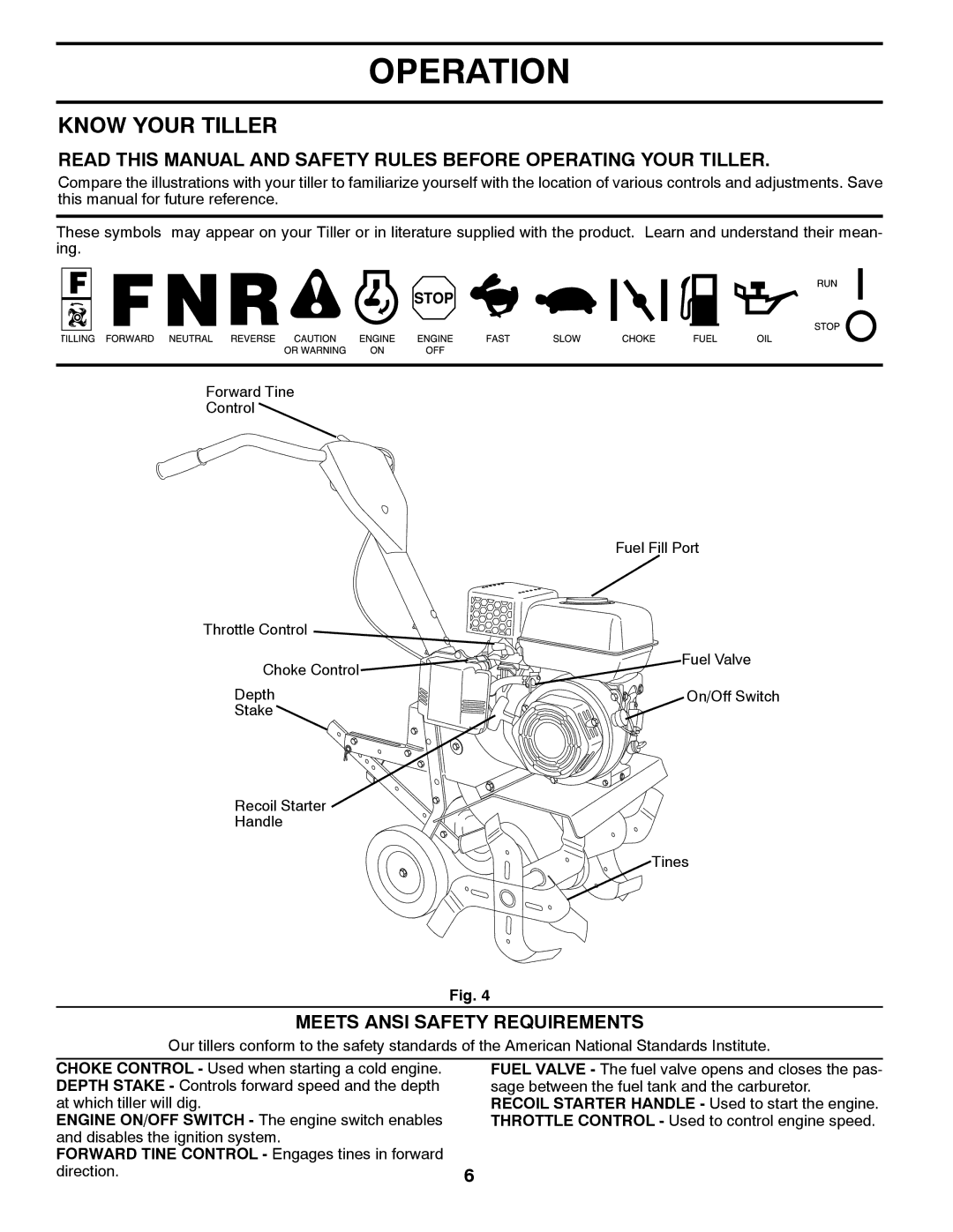 McCulloch 532 43 21-09, 96083000400, MC900 manual Operation, Know Your Tiller, Meets Ansi Safety Requirements 