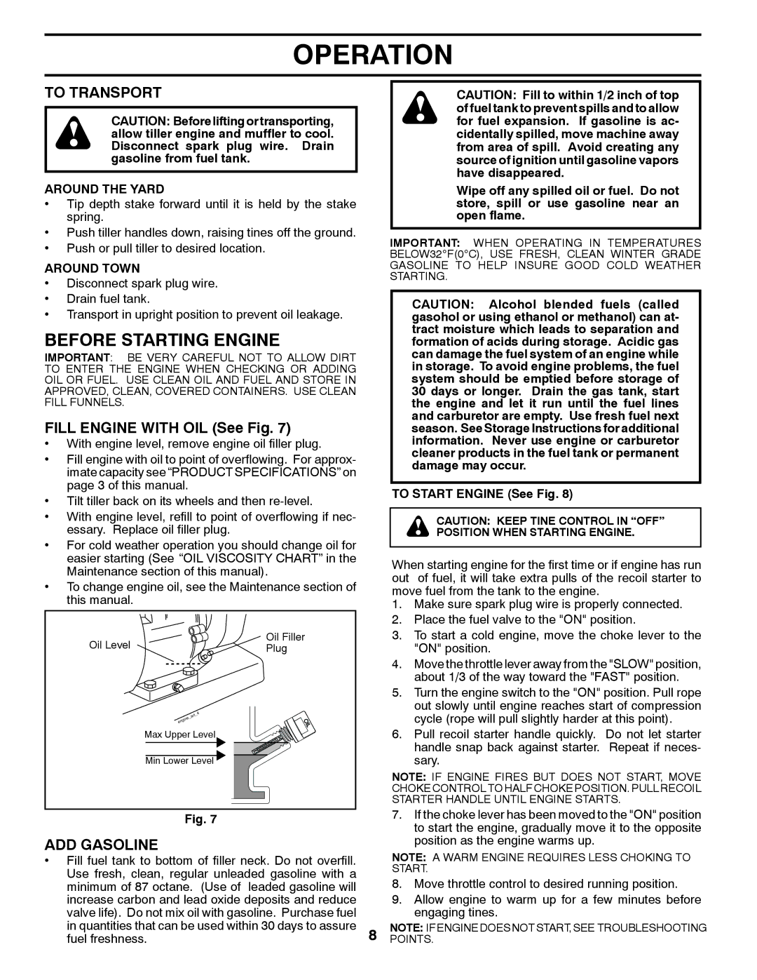 McCulloch MC900, 532 43 21-09, 96083000400 Before Starting Engine, To Transport, Fill Engine with OIL See Fig, ADD Gasoline 