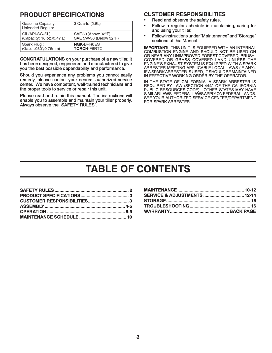 McCulloch 532 43 21-09 manual Table Of Contents, Product Specifications, Customer Responsibilities, 10-12, 12-14, Back Page 