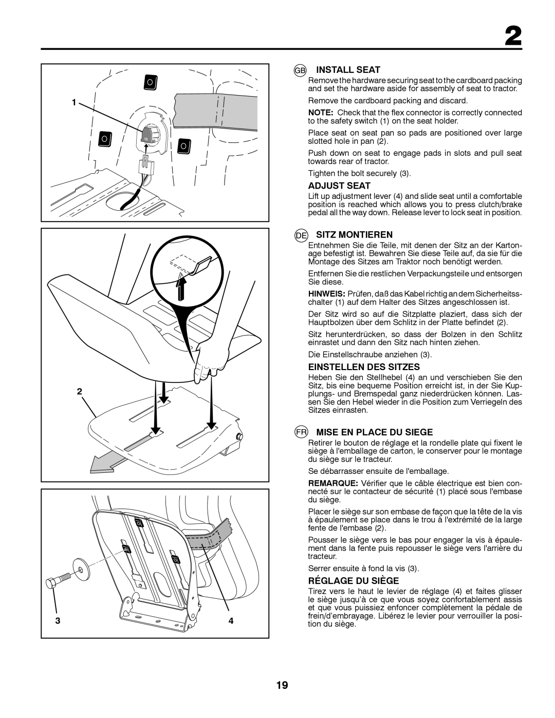 McCulloch 532 43 37-12 Rev. 1 Install Seat, Adjust Seat, Sitz Montieren, Einstellen DES Sitzes, Mise EN Place DU Siege 