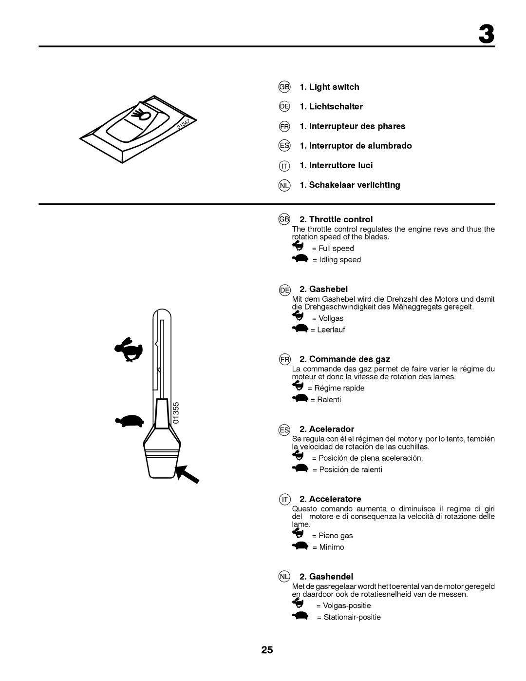 McCulloch 532 43 37-12 Rev. 1 instruction manual Gashebel, Commande des gaz, Acelerador, Acceleratore, Gashendel 