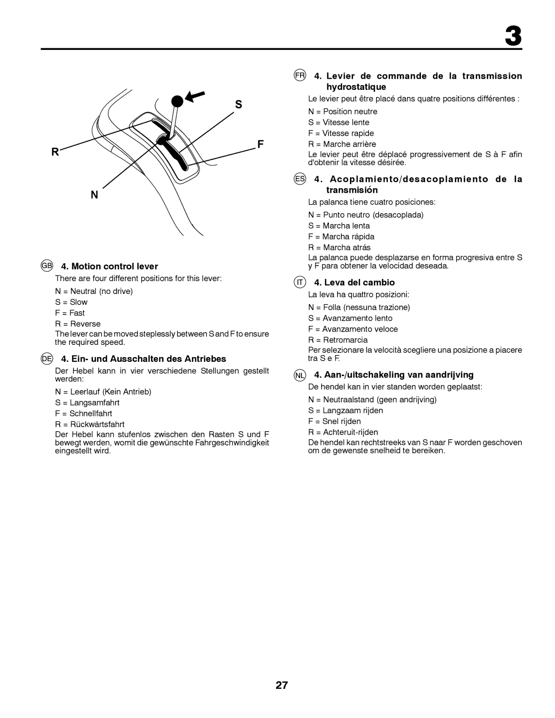 McCulloch 532 43 37-12 Rev. 1 instruction manual Motion control lever, Ein- und Ausschalten des Antriebes, Leva del cambio 