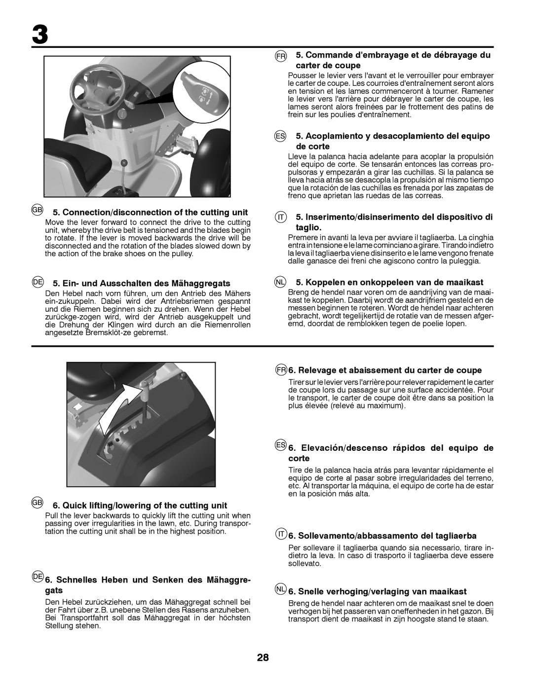 McCulloch 532 43 37-12 Rev. 1 Connection/disconnection of the cutting unit, Ein- und Ausschalten des Mähaggregats 