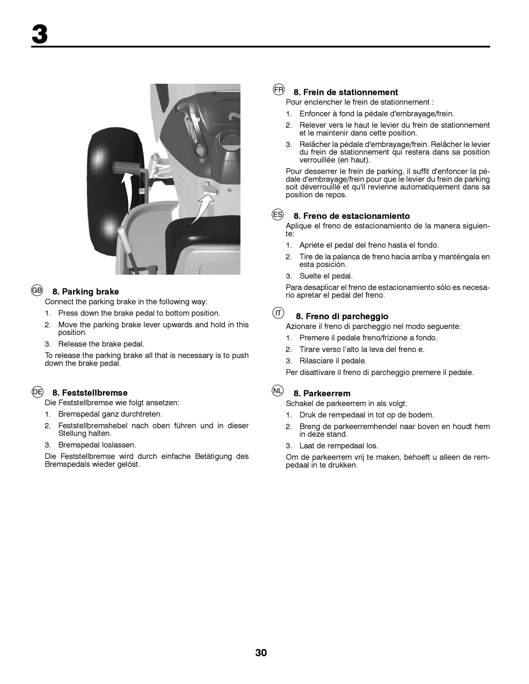 McCulloch 532 43 37-12 Rev. 1 Parking brake, Feststellbremse, Frein de stationnement, Freno de estacionamiento, Parkeerrem 