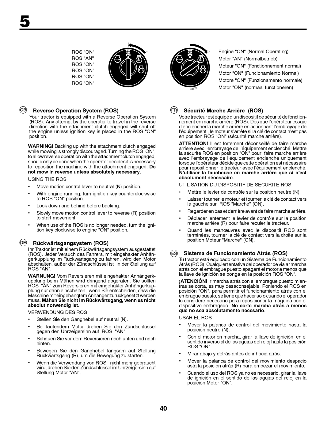 McCulloch 532 43 37-12 Rev. 1 Reverse Operation System ROS, Rückwärtsgangsystem ROS, Sécurité Marche Arrière ROS 