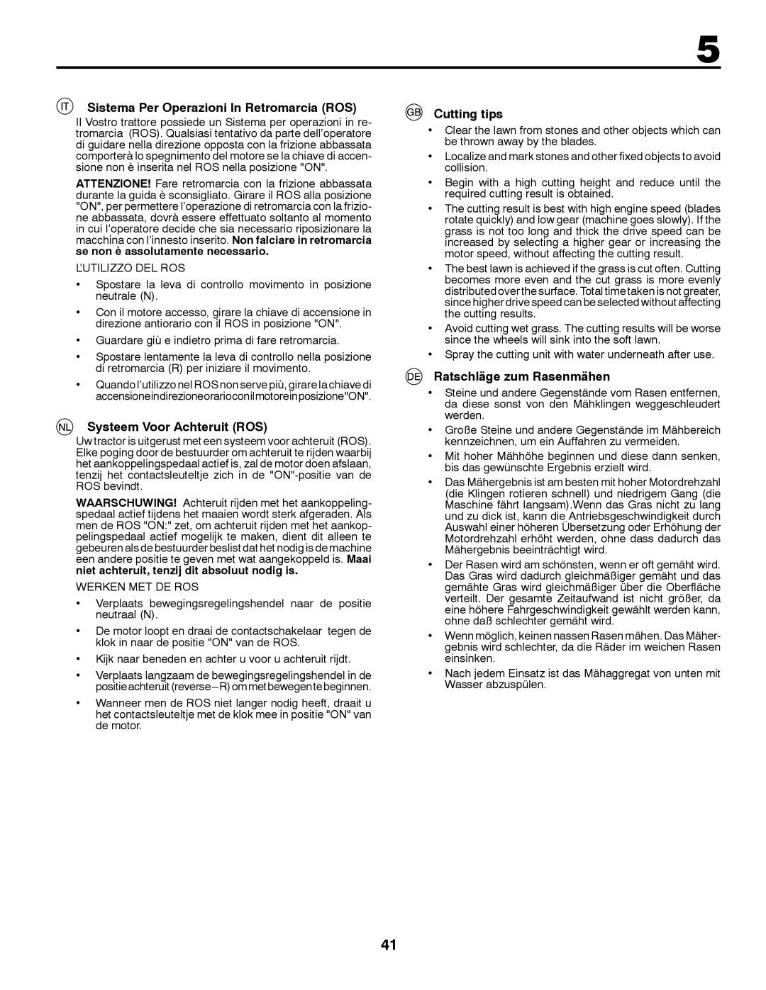 McCulloch 532 43 37-12 Rev. 1 Sistema Per Operazioni In Retromarcia ROS, Systeem Voor Achteruit ROS, Cutting tips 