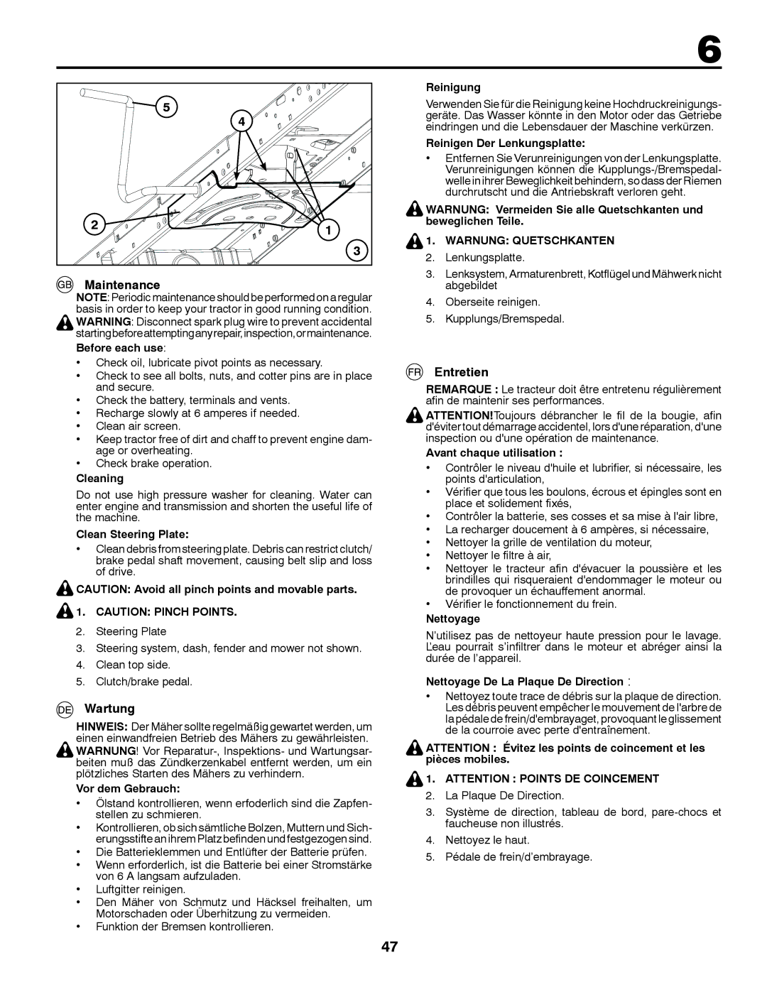 McCulloch 532 43 37-12 Rev. 1 instruction manual Wartung, Entretien, Warnung Quetschkanten 