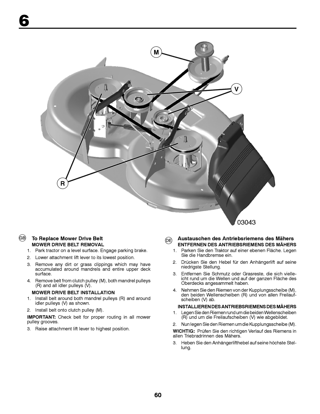 McCulloch 532 43 37-12 Rev. 1 instruction manual To Replace Mower Drive Belt, Austauschen des Antriebsriemens des Mähers 