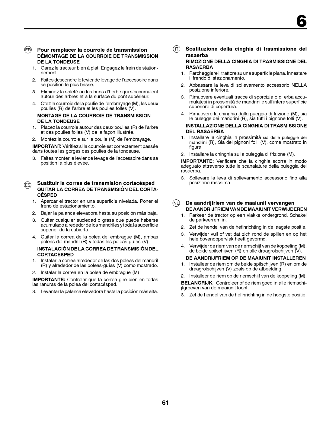 McCulloch 532 43 37-12 Rev. 1 Pour remplacer la courroie de transmission, Sustituir la correa de transmisión cortacésped 