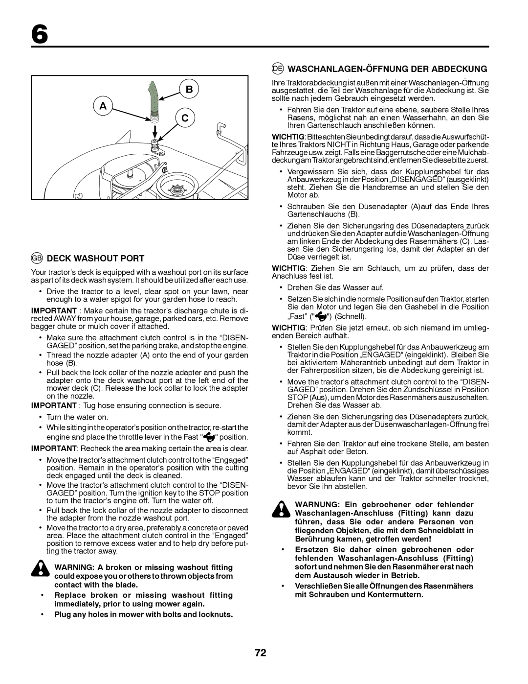 McCulloch 532 43 37-12 Rev. 1 instruction manual Deck Washout Port, WASCHANLAGEN-ÖFFNUNG DER Abdeckung 