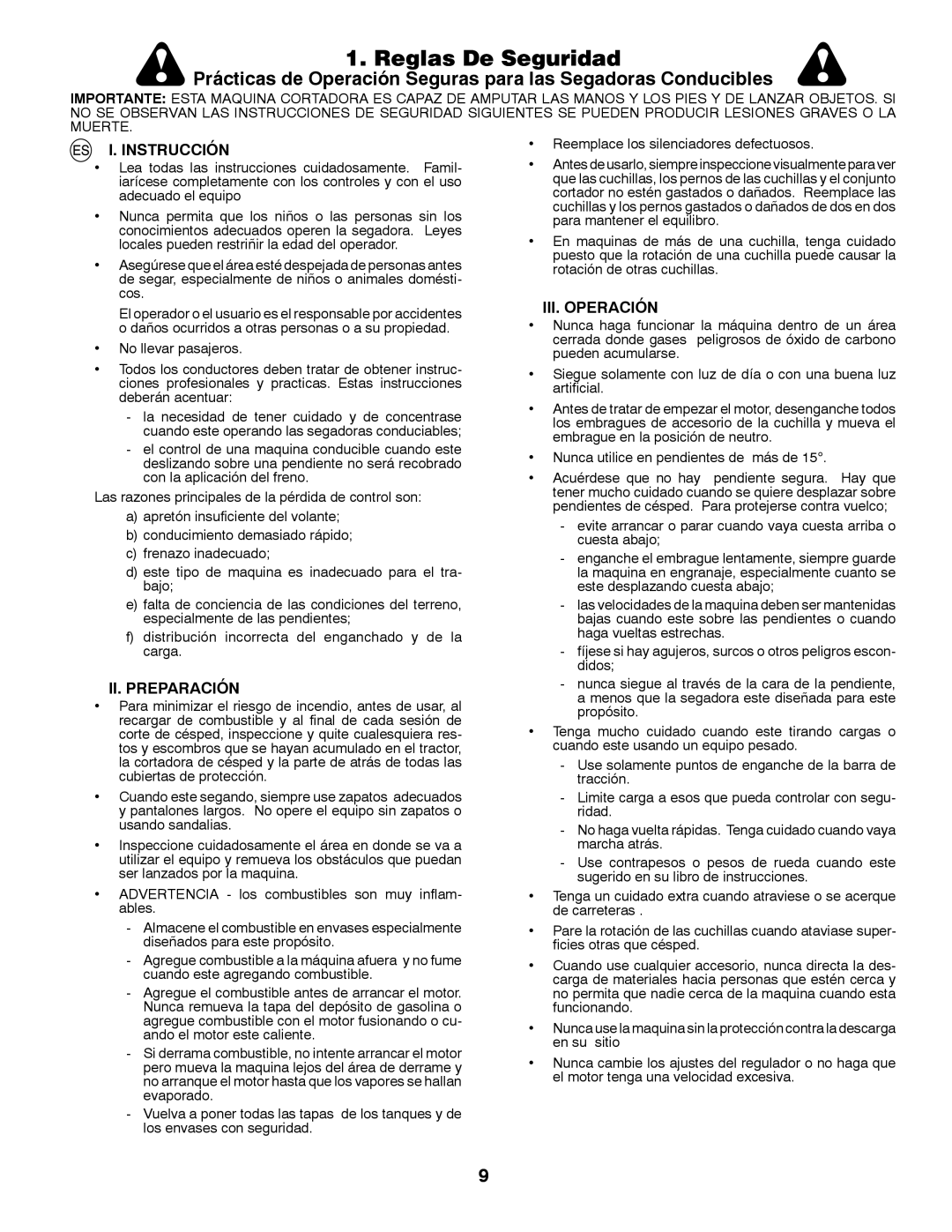 McCulloch 532 43 37-12 Rev. 1 instruction manual Reglas De Seguridad, Instrucción, III. Operación, II. Preparación 