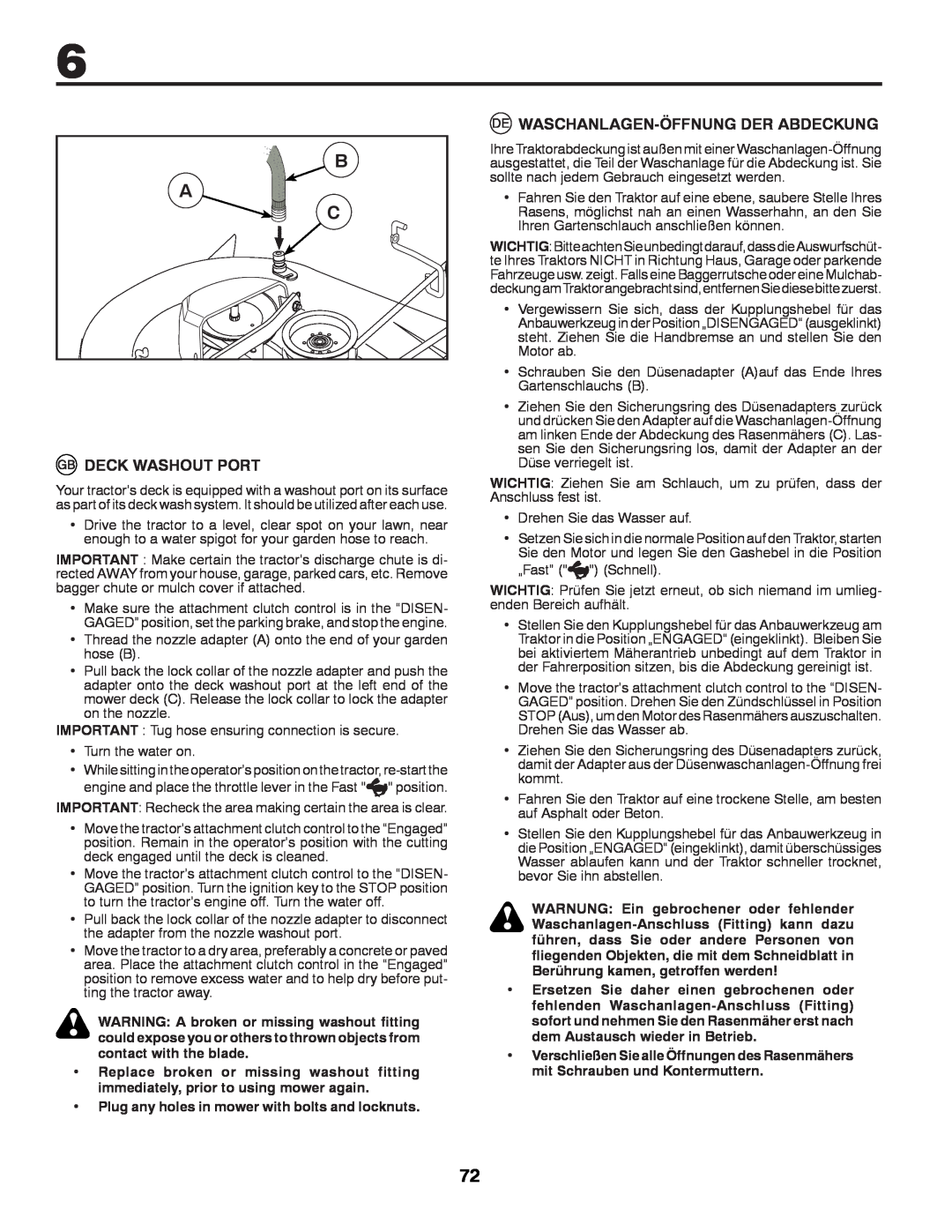 McCulloch 532 43 37-12 Rev. 1 instruction manual B A C, Deck Washout Port, Waschanlagen-Öffnungder Abdeckung 
