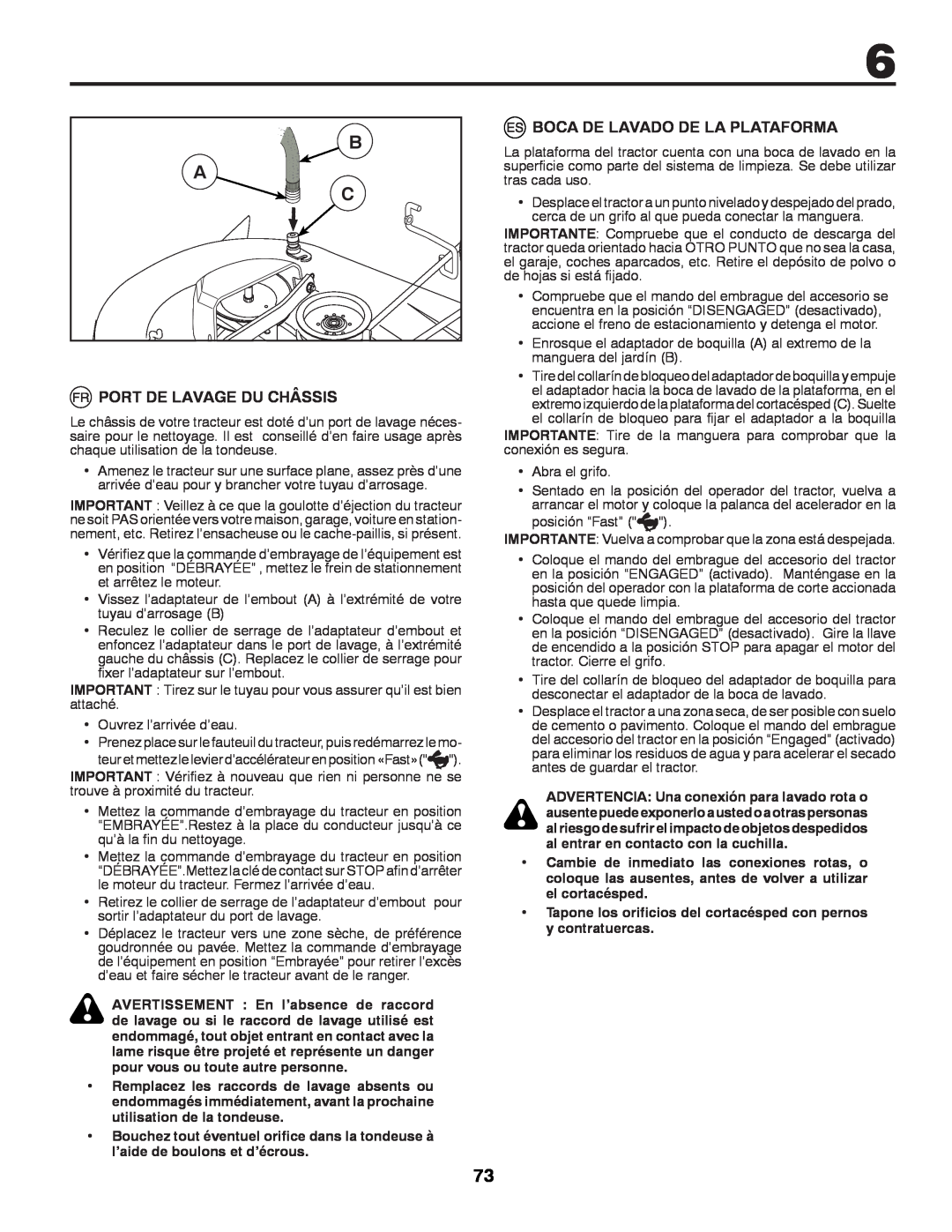 McCulloch 532 43 37-12 Rev. 1 instruction manual B A C, Port De Lavage Du Châssis, Boca De Lavado De La Plataforma 