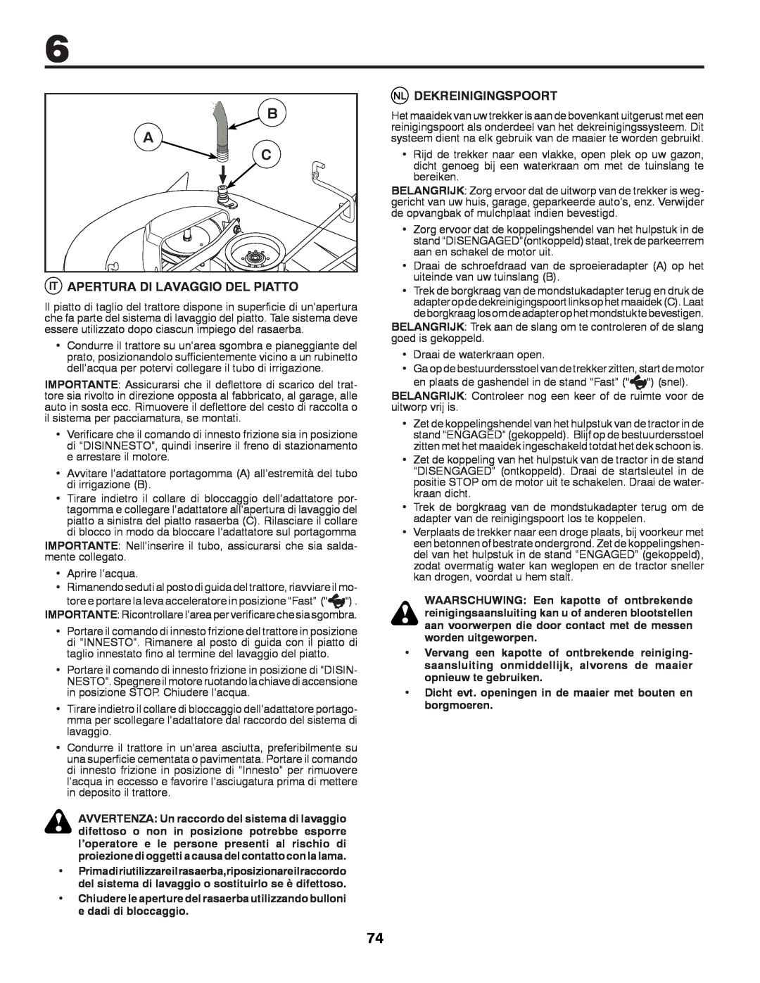 McCulloch 532 43 37-12 Rev. 1 instruction manual B A C, Apertura Di Lavaggio Del Piatto, Dekreinigingspoort 