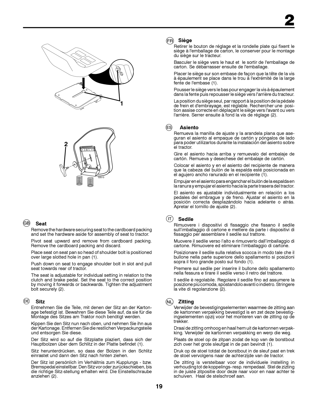 McCulloch 532 43 41-98 Rev. 1 manual Seat, Sitz, Siège, Asiento, Sedile, Zitting 