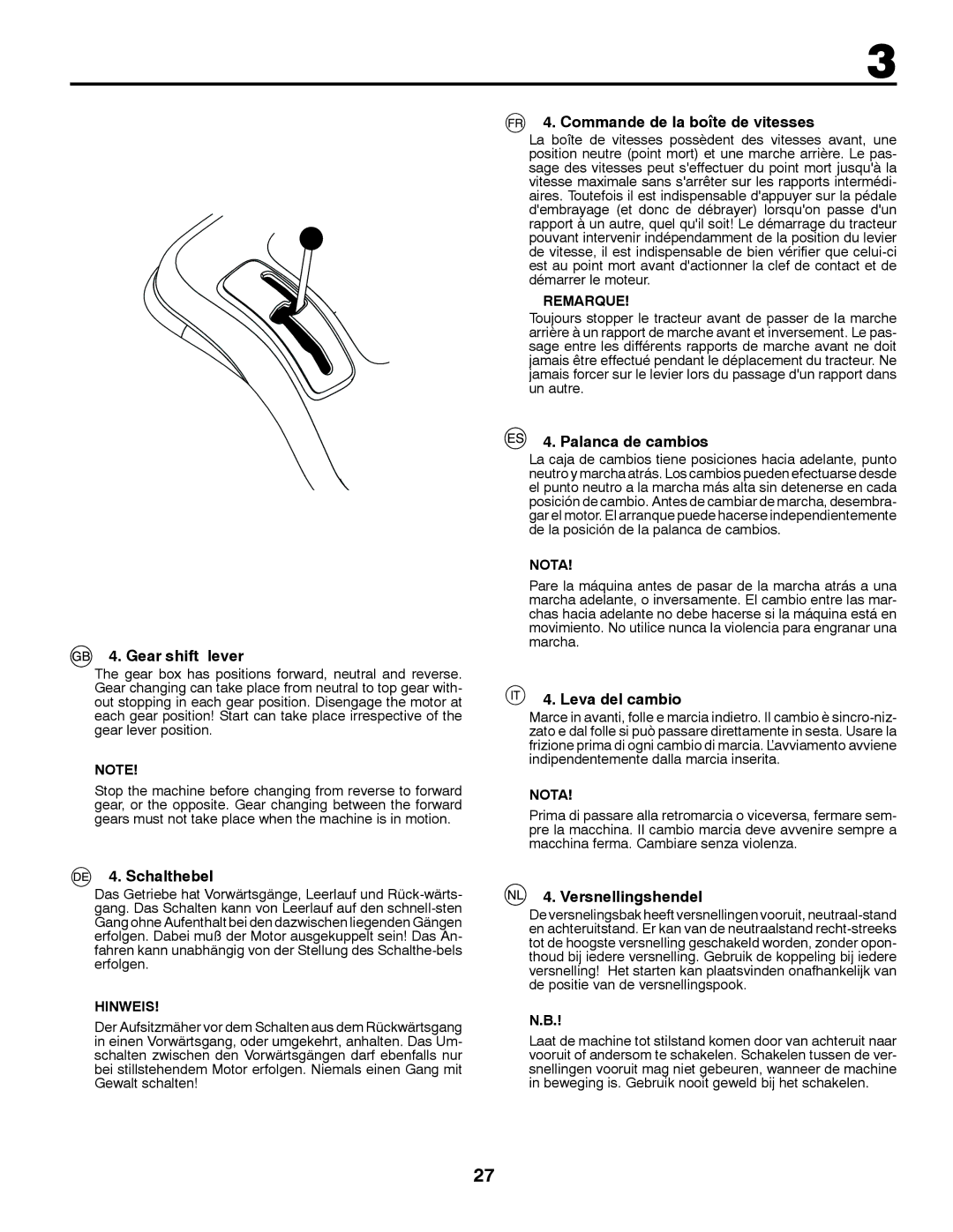 McCulloch 532 43 41-98 Rev. 1 manual Gear shift lever, Schalthebel, Commande de la boîte de vitesses, Palanca de cambios 