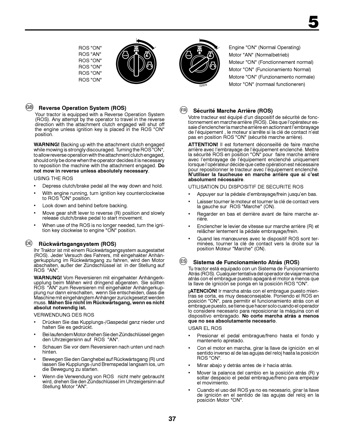 McCulloch 532 43 41-98 Rev. 1 manual Reverse Operation System ROS, Rückwärtsgangsystem ROS, Sécurité Marche Arrière ROS 