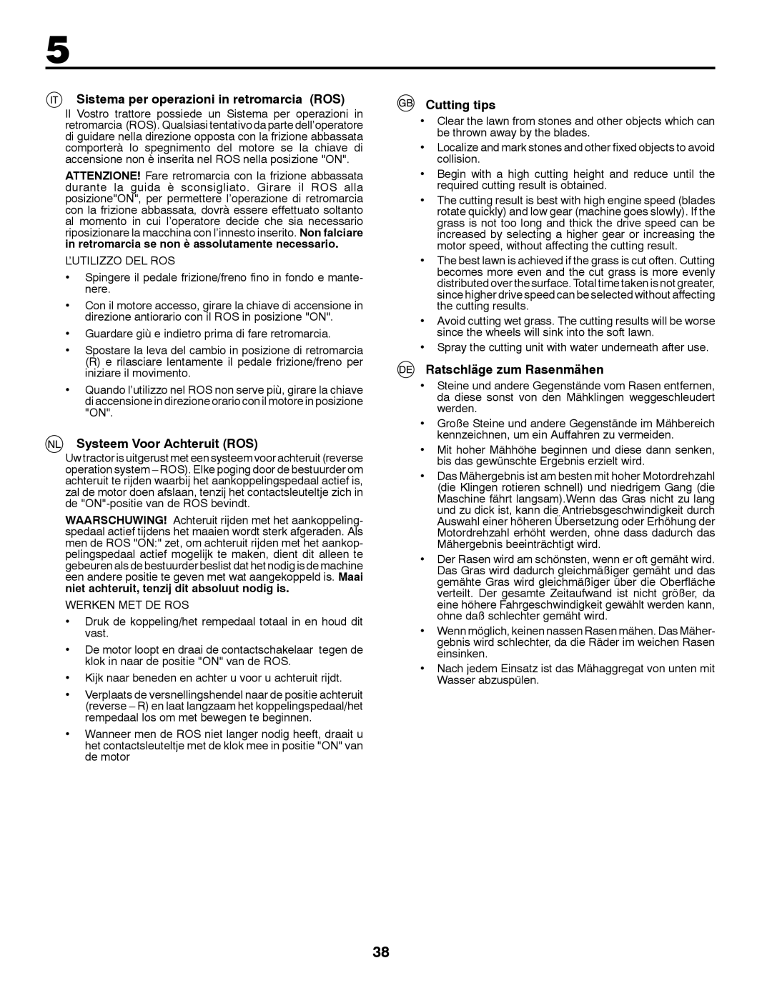 McCulloch 532 43 41-98 Rev. 1 manual Sistema per operazioni in retromarcia ROS, Systeem Voor Achteruit ROS, Cutting tips 