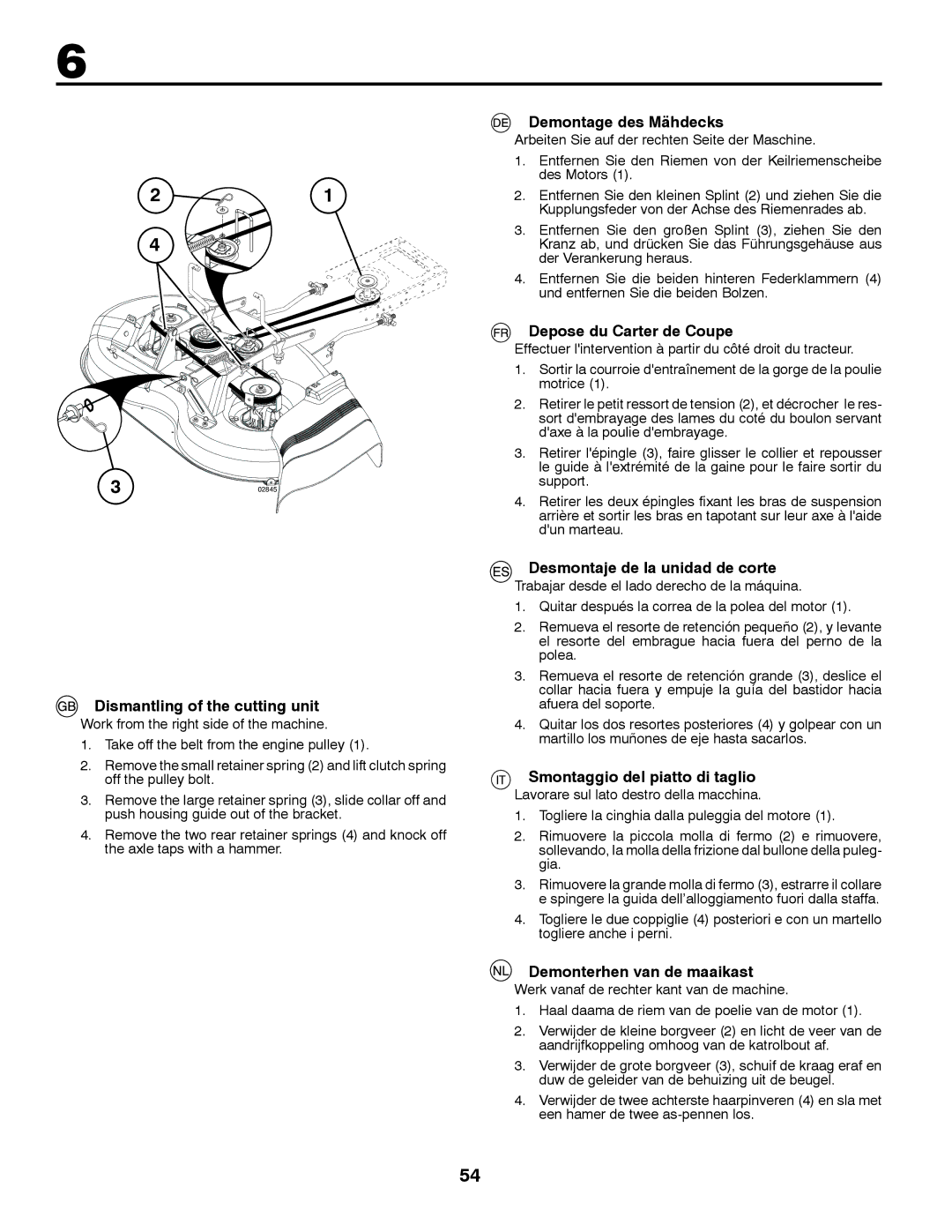 McCulloch 532 43 41-98 Rev. 1 manual Dismantling of the cutting unit, Demontage des Mähdecks, Depose du Carter de Coupe 