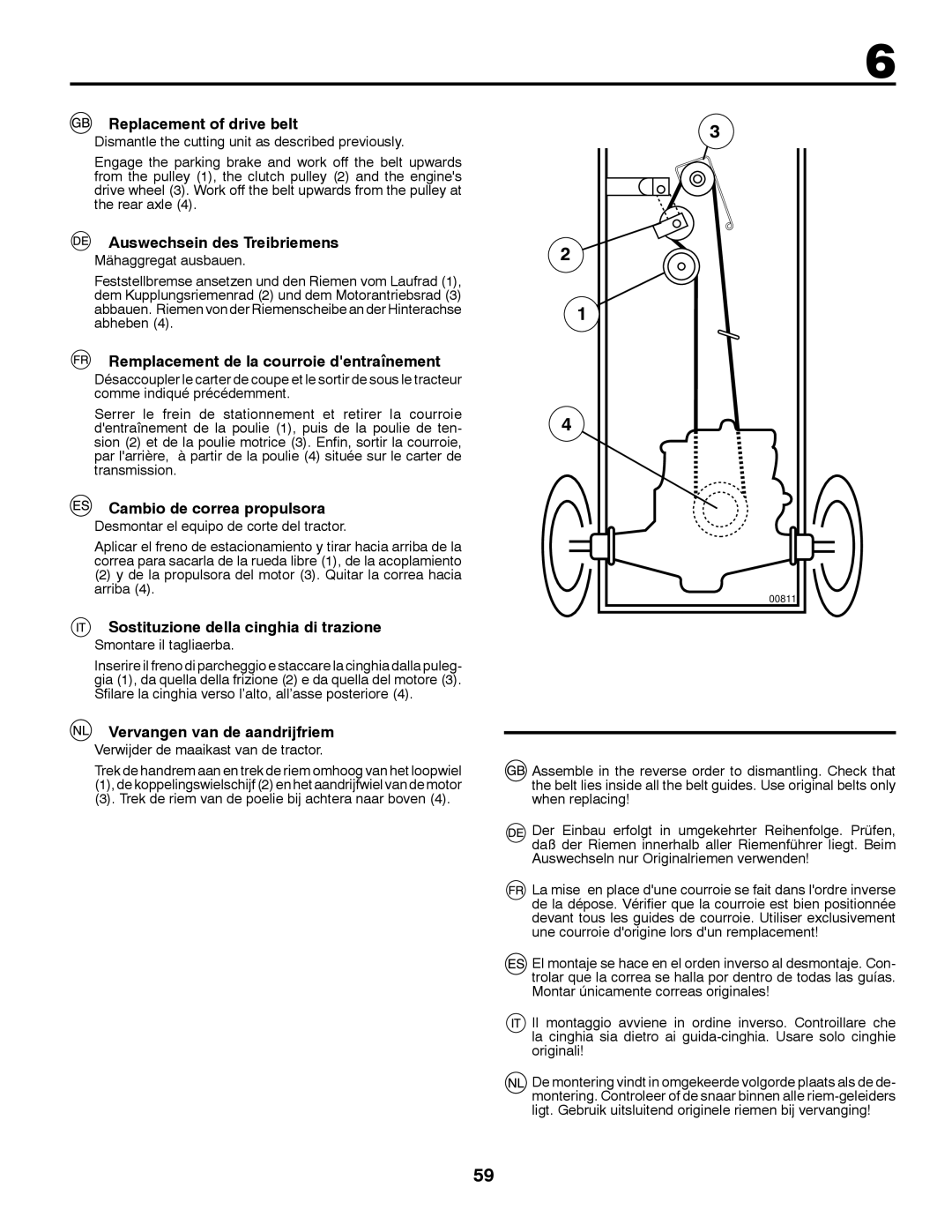 McCulloch 532 43 41-98 Rev. 1 manual Replacement of drive belt, Auswechsein des Treibriemens, Cambio de correa propulsora 