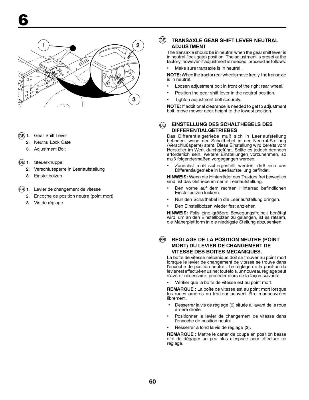 McCulloch 532 43 41-98 Rev. 1 manual Transaxle Gear Shift Lever Neutral Adjustment 