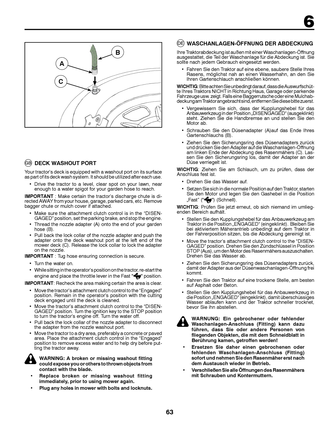 McCulloch 532 43 41-98 Rev. 1 manual Deck Washout Port, WASCHANLAGEN-ÖFFNUNG DER Abdeckung 