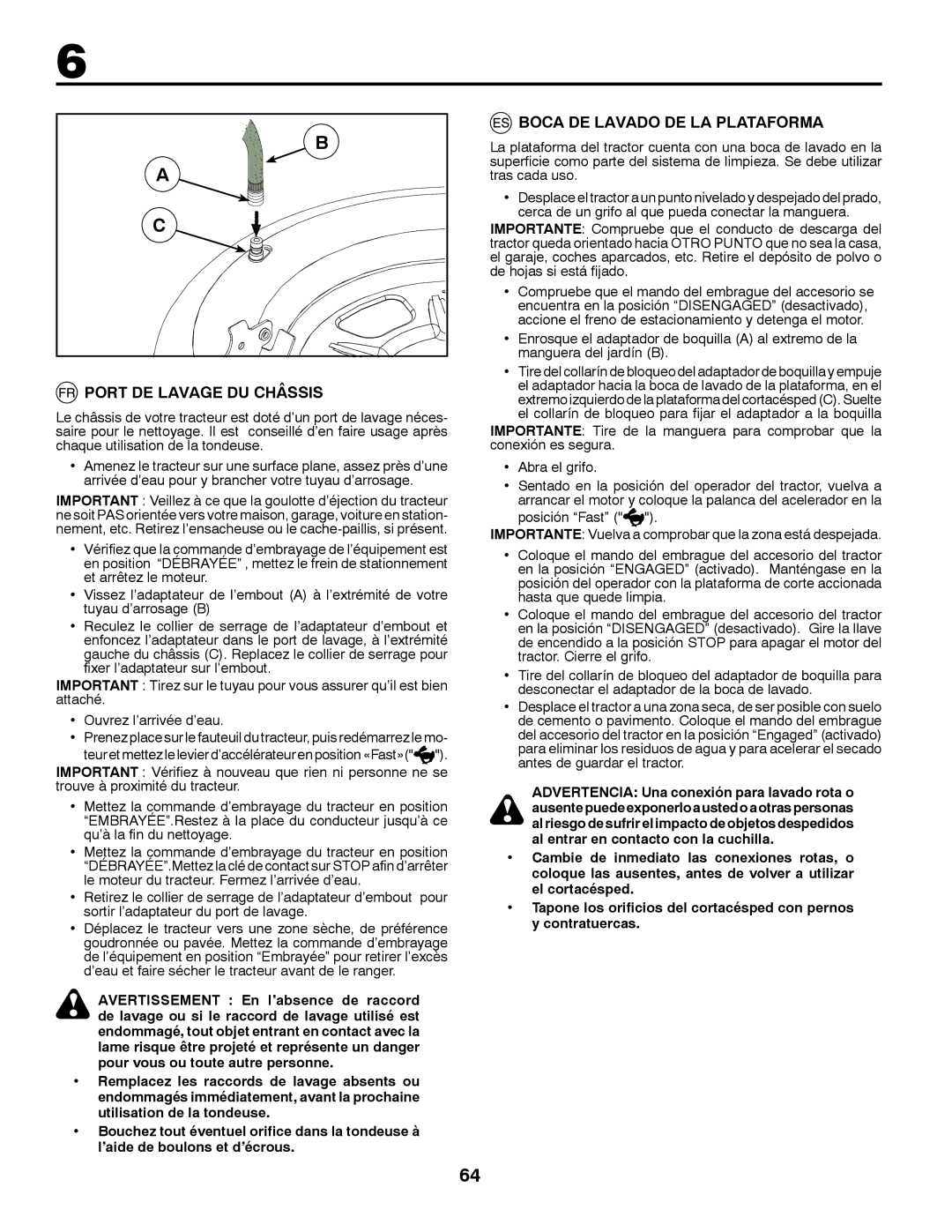 McCulloch 532 43 41-98 Rev. 1 manual Boca DE Lavado DE LA Plataforma, Port DE Lavage DU Châssis 