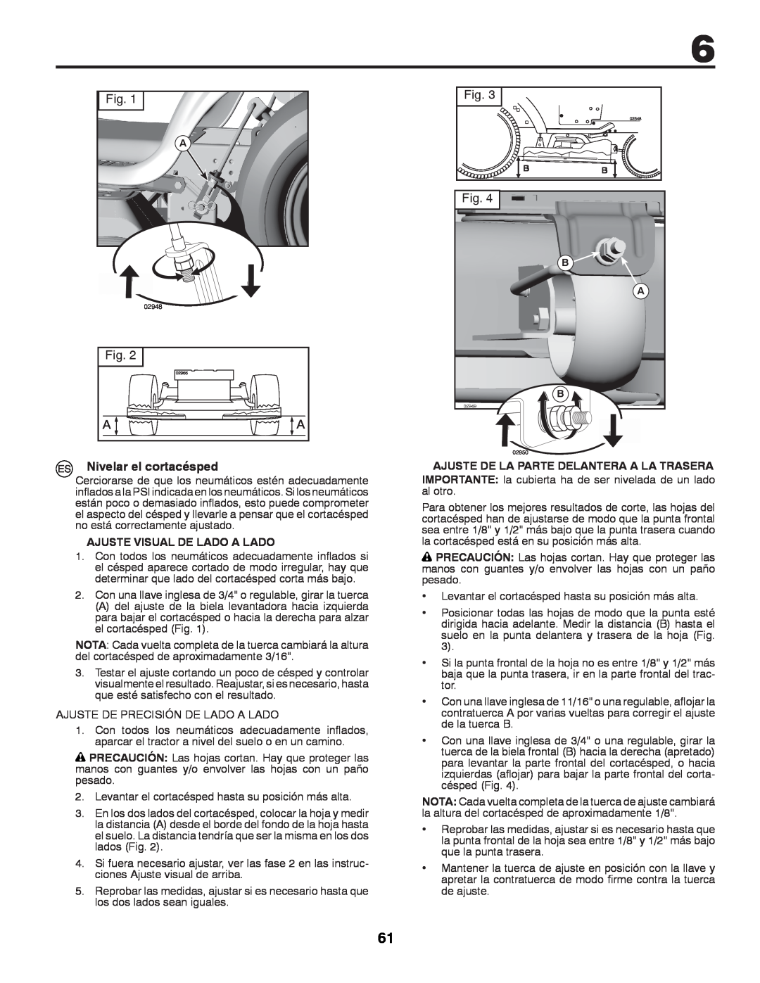 McCulloch 532 43 42-91 Rev. 1 instruction manual Fig, Nivelar el cortacésped, Ajuste Visual De Lado A Lado 