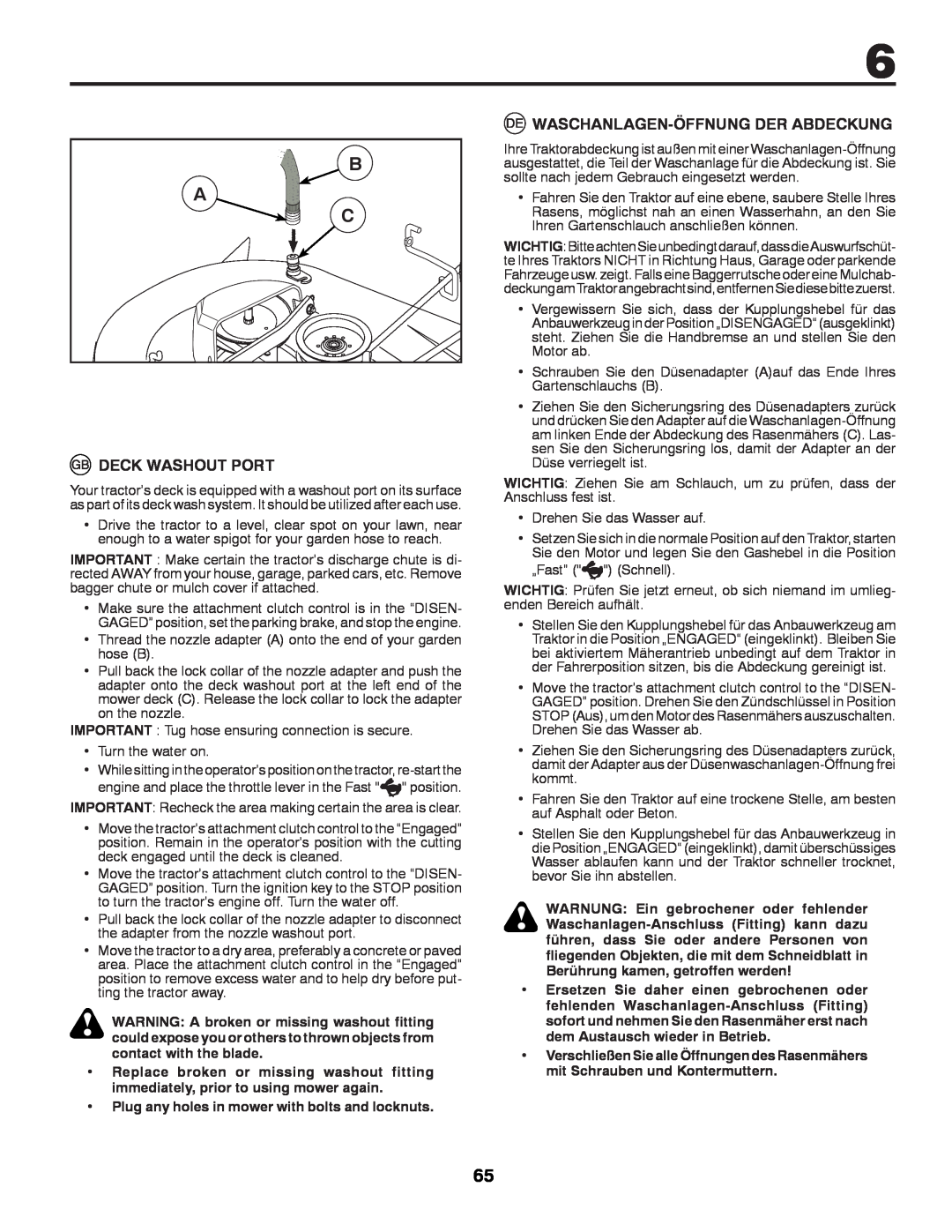 McCulloch 532 43 42-91 Rev. 1 instruction manual B A C, Deck Washout Port, Waschanlagen-Öffnungder Abdeckung 