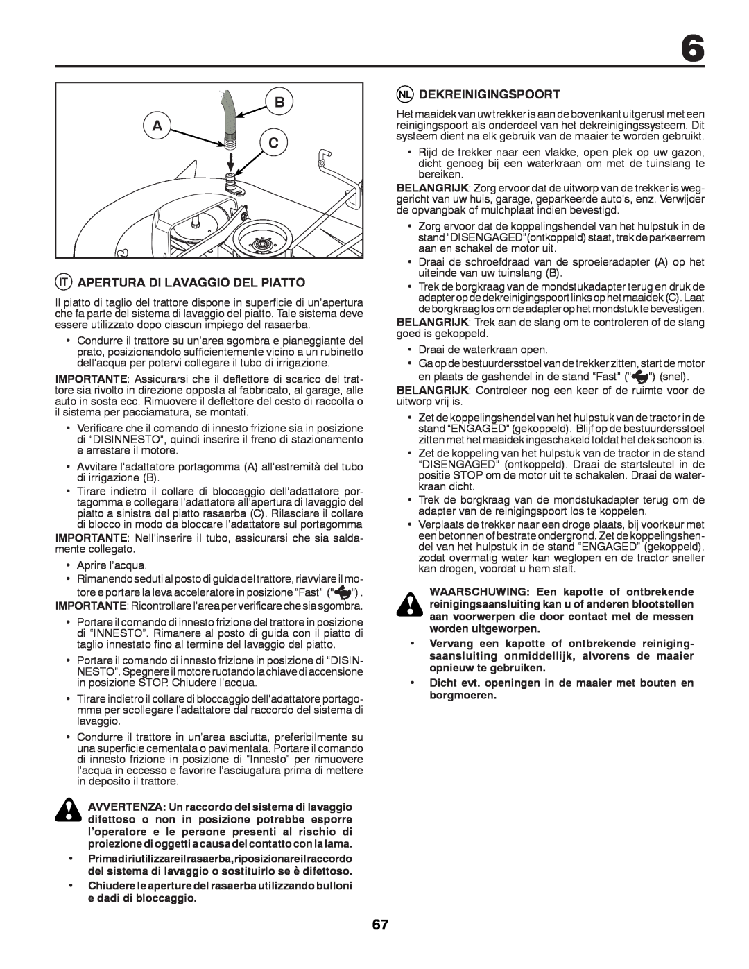 McCulloch 532 43 42-91 Rev. 1 instruction manual B A C, Apertura Di Lavaggio Del Piatto, Dekreinigingspoort 