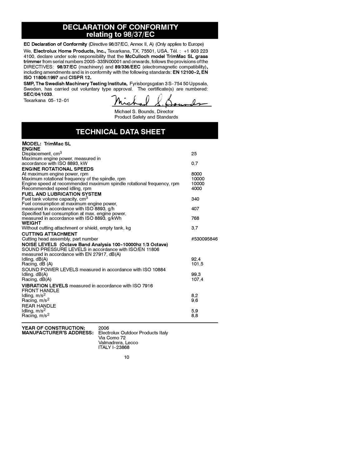 McCulloch 545097742 instruction manual Technical Data Sheet, 4000, Without cutting attachment or shield, empty tank, kg 