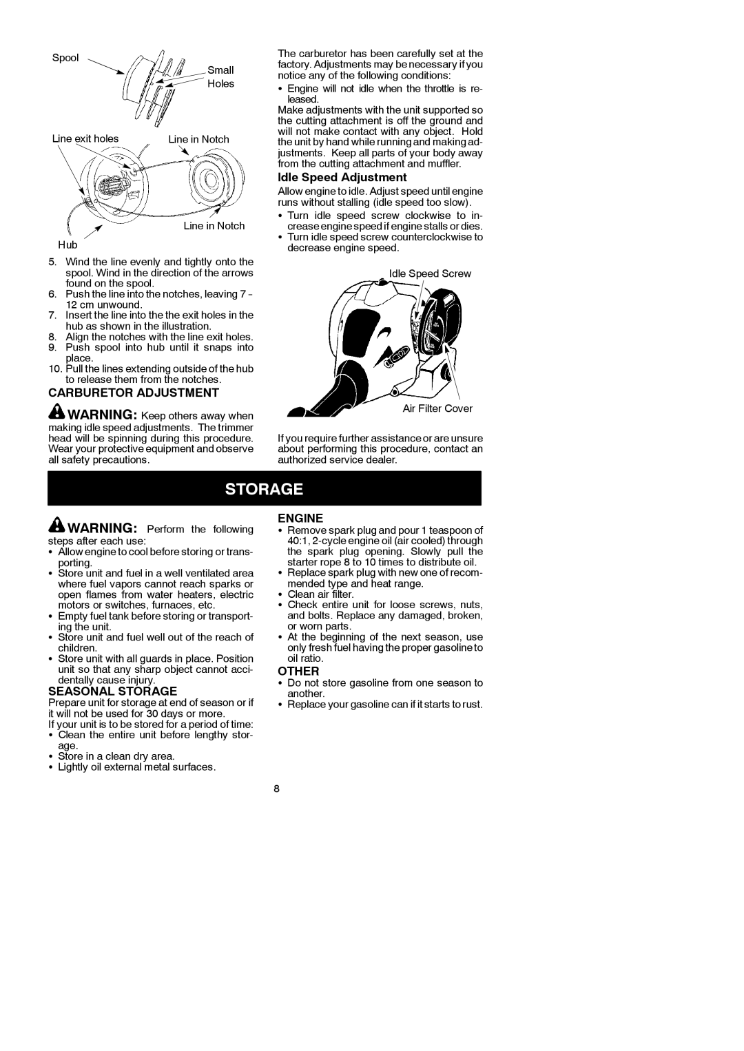 McCulloch 545097742 instruction manual Carburetor Adjustment, Seasonal Storage, Engine, Other 