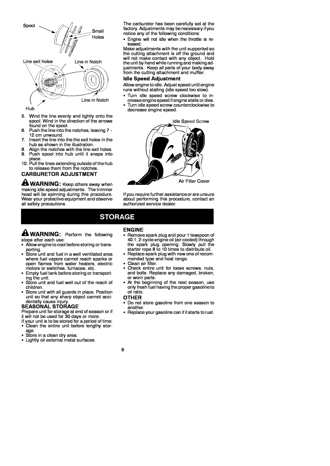McCulloch 545097742 instruction manual Carburetor Adjustment, Idle Speed Adjustment, Seasonal Storage, Engine, Other 