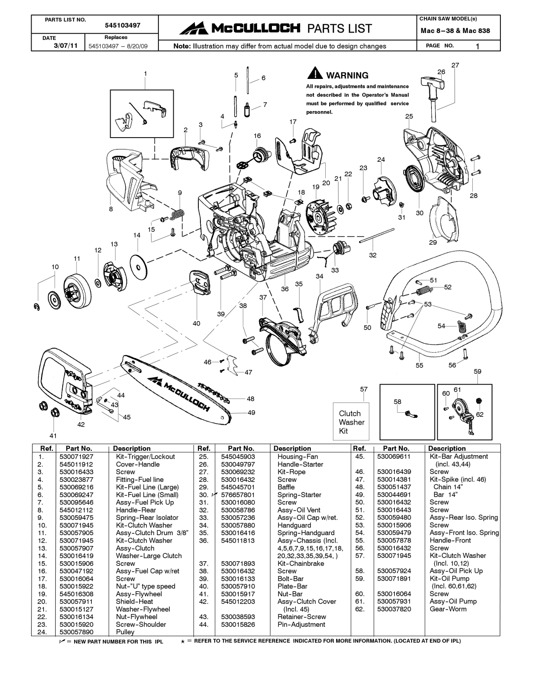 McCulloch 545103497 manual Parts List, Clutch Washer Kit, Mac 8---38 & Mac, Description 