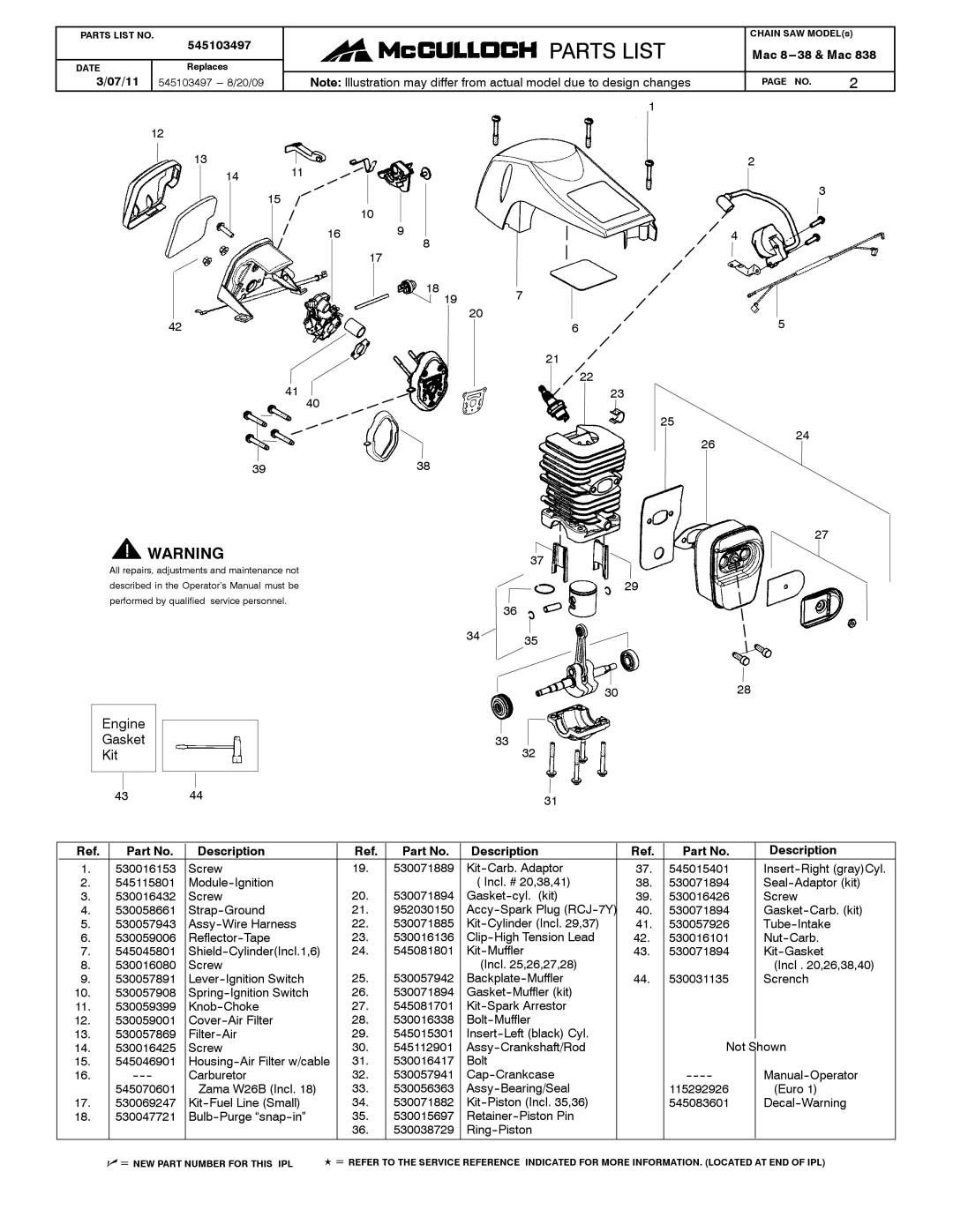 McCulloch 545103497 manual Engine Gasket Kit, 07/11 