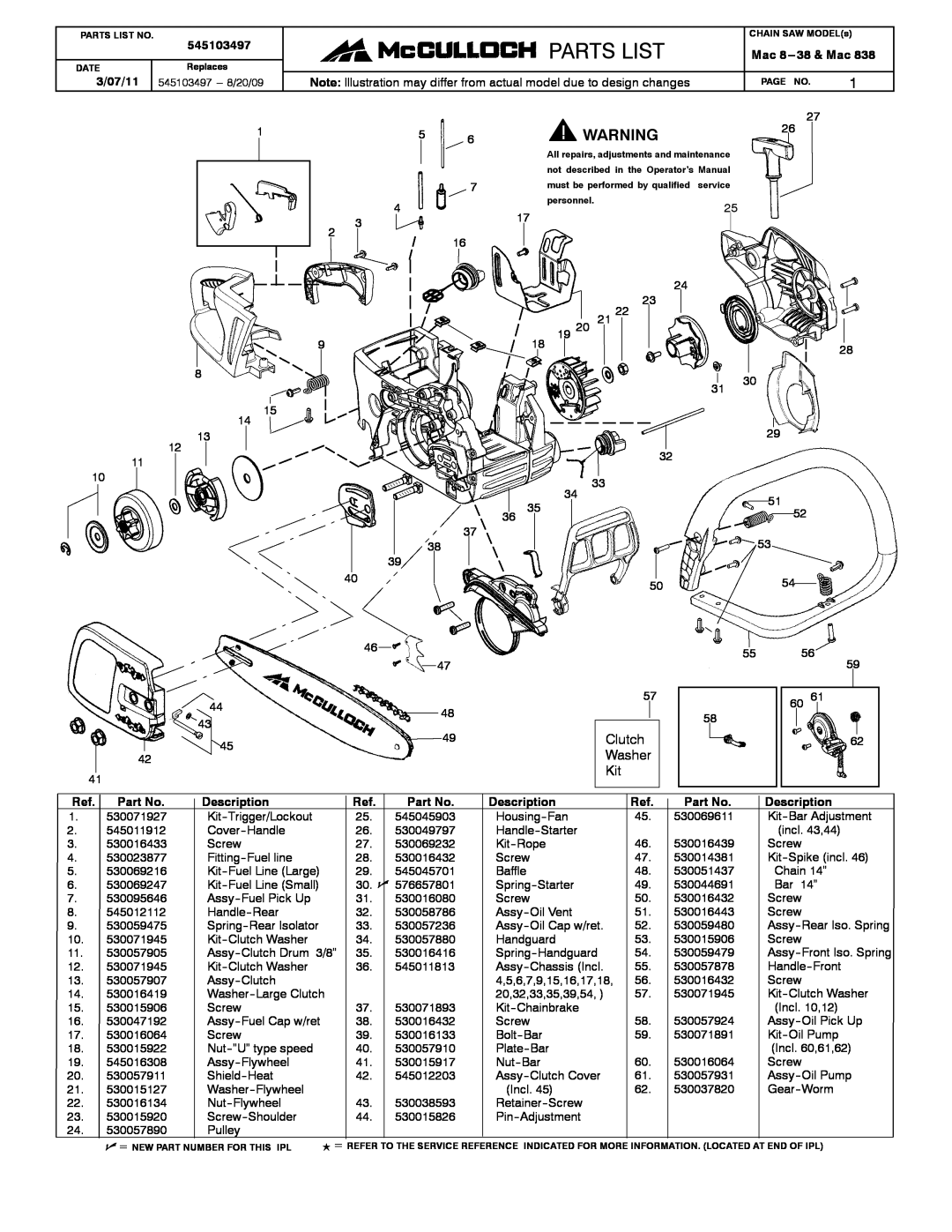 McCulloch 545103497 manual Parts List, Clutch, Washer, Mac 8---38 & Mac, Description 