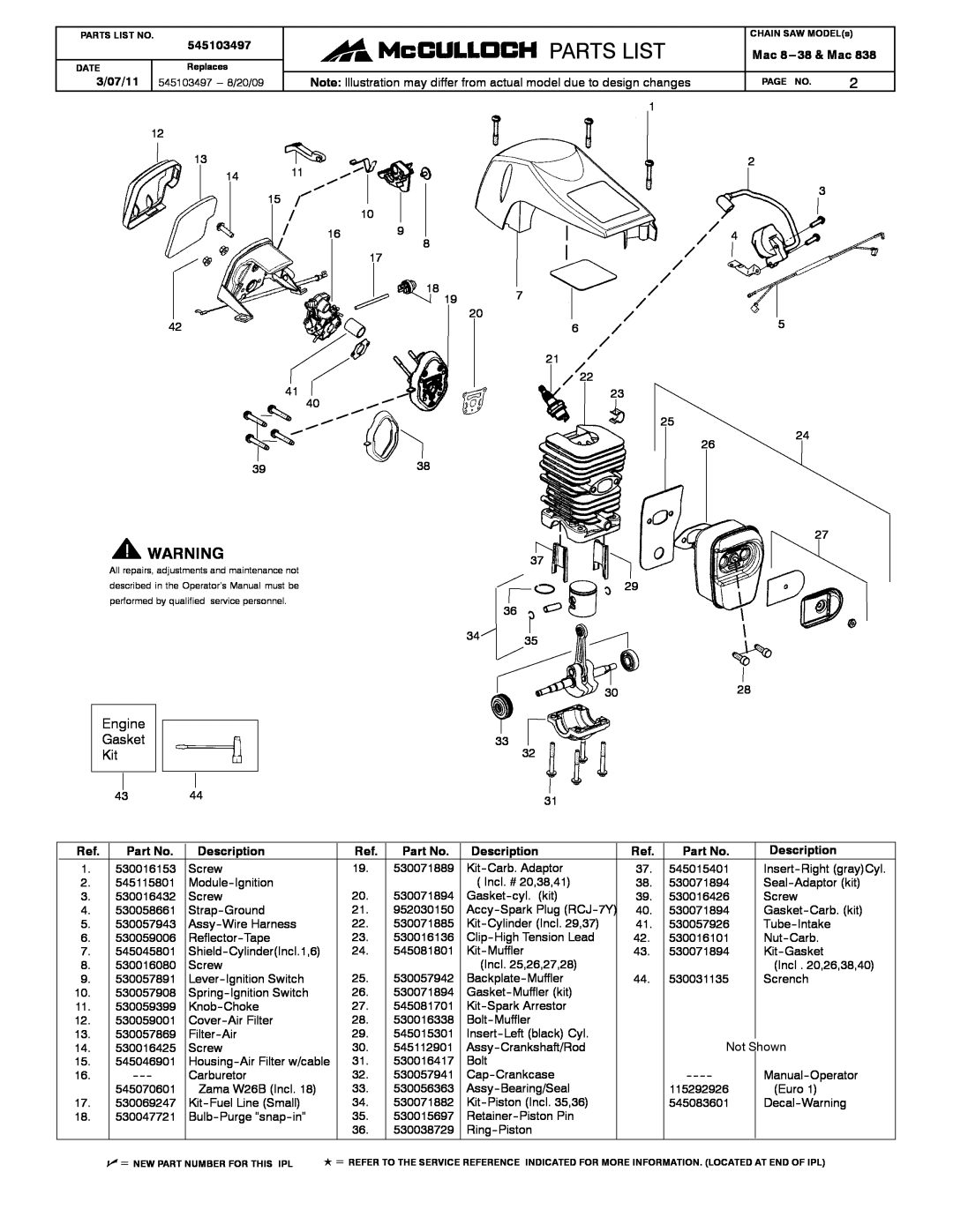 McCulloch 545103497 manual Engine Gasket Kit, 3/07/11, Parts List, Mac 8---38 & Mac, Description 