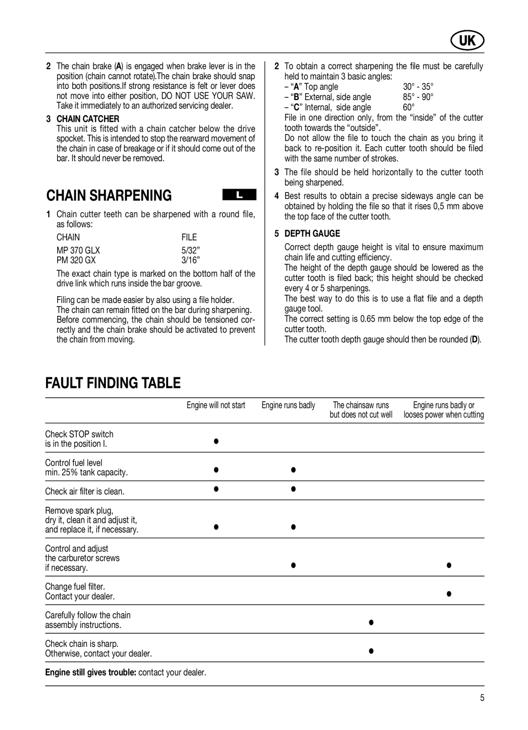 McCulloch 538E - 38 cc, 545E, 540E Chain Sharpening, Fault Finding Table, Chain Catcher, MP 370 GLX PM 320 GX, Depth Gauge 