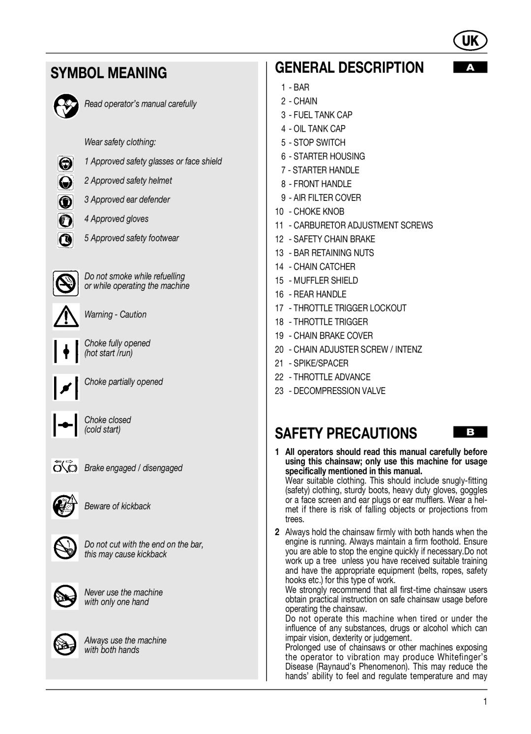 McCulloch 95390049300, 545E, 540E, 538E - 38 cc, 46 II - 46 cc Symbol Meaning, General Description, Safety Precautions, Bar 