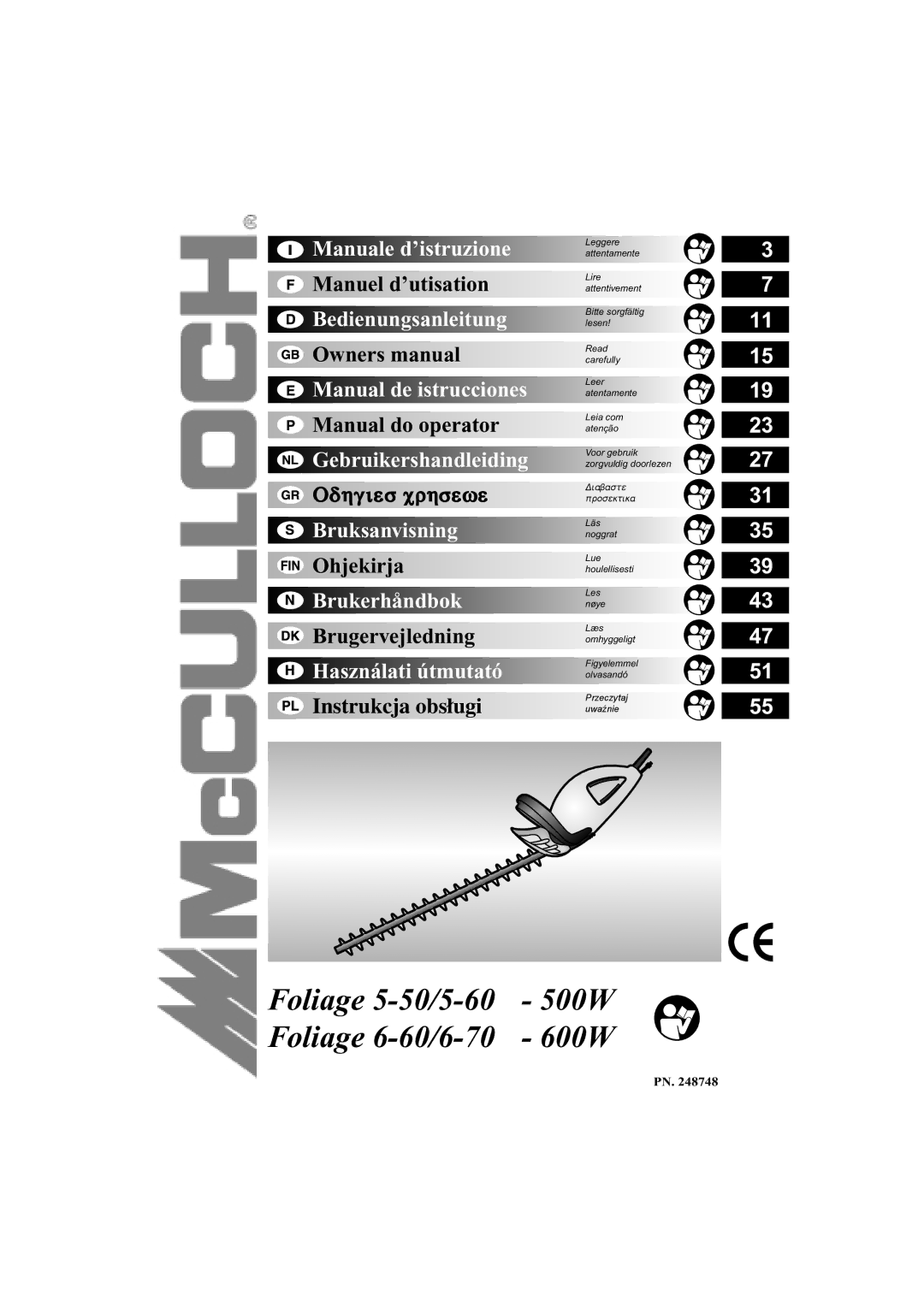 McCulloch 6-600W, 248748, 5-500W manual Foliage 5-50/5-60 500W Foliage 6-60/6-70 600W 