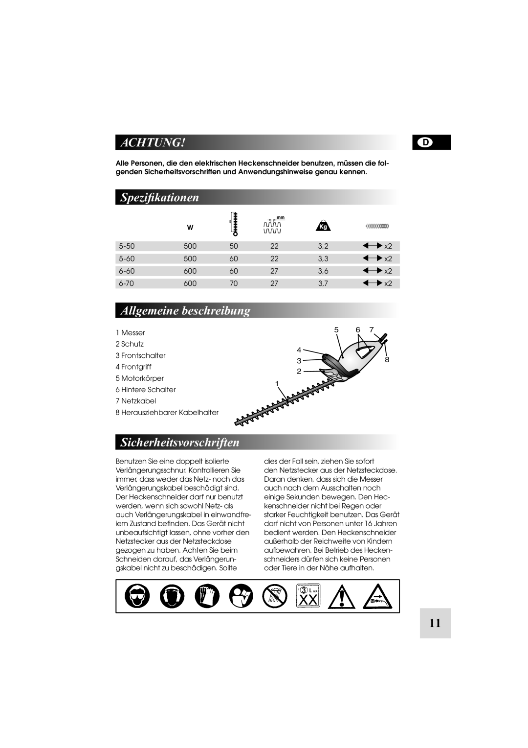 McCulloch 248748, 6-70, 5-60, 6-600W, 5-500W Achtung, Speziﬁkationen, Allgemeine beschreibung, Sicherheitsvorschriften 