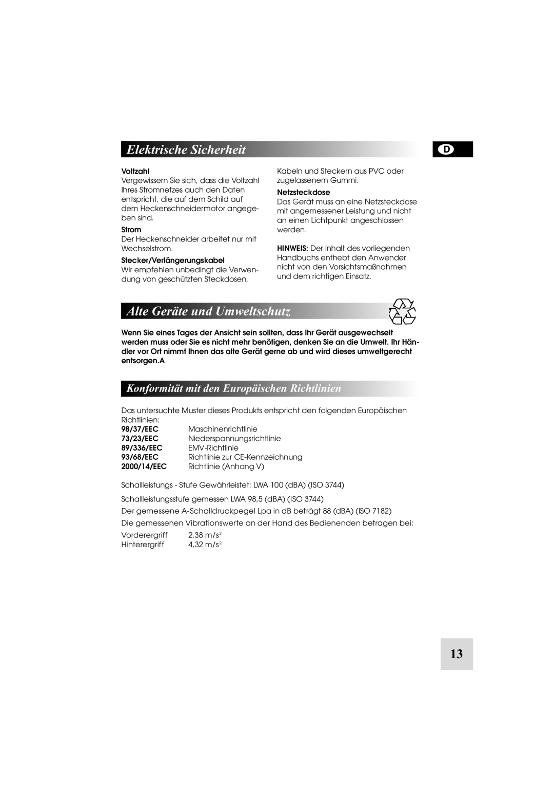 McCulloch 5-500W, 6-70 Elektrische Sicherheit, Alte Geräte und Umweltschutz, Konformität mit den Europäischen Richtlinien 