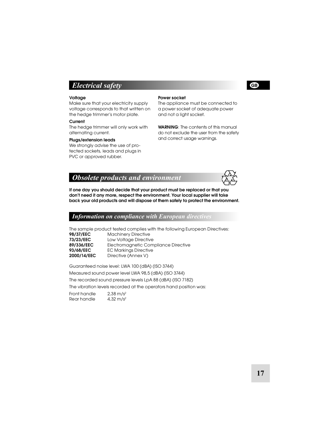 McCulloch 6-60 Electrical safety, Obsolete products and environment, Information on compliance with European directives 