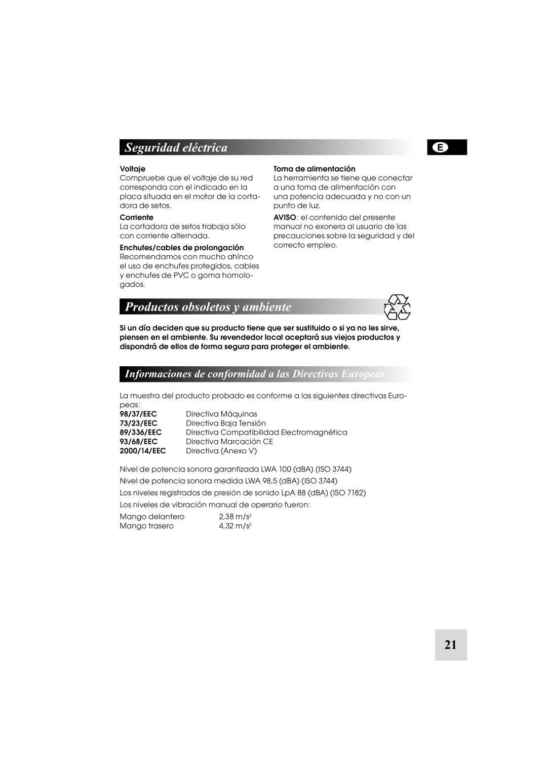 McCulloch 6-70 Seguridad eléctrica, Productos obsoletos y ambiente, Informaciones de conformidad a las Directivas Europeas 