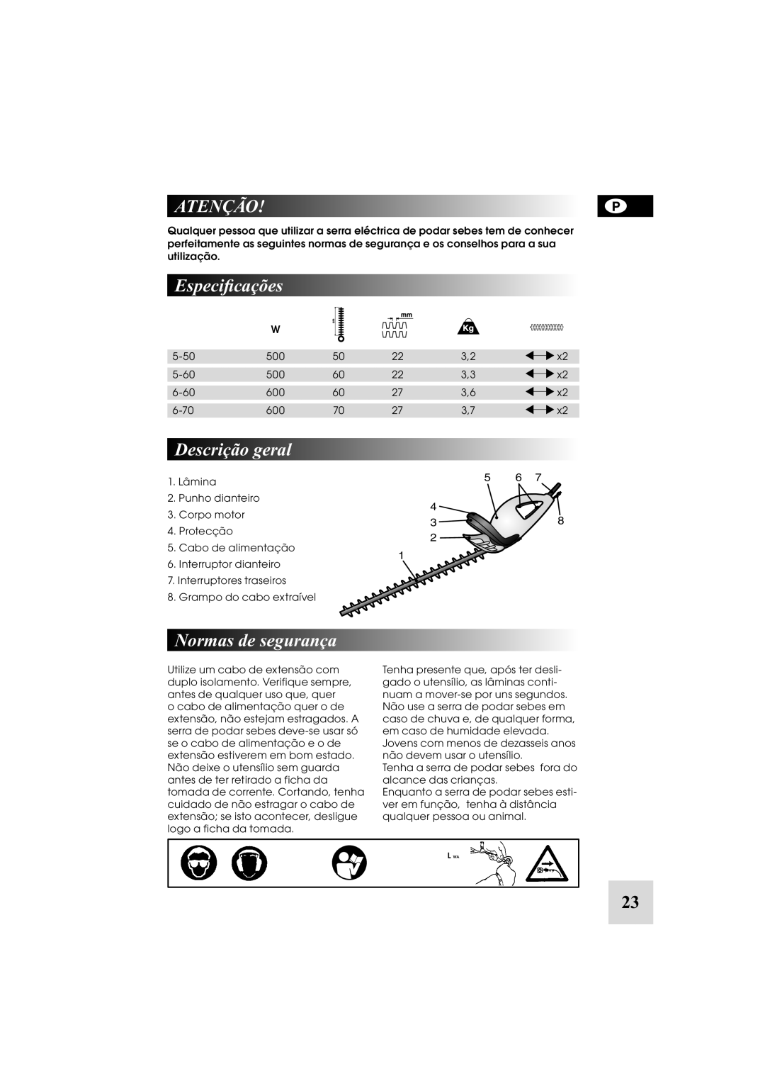 McCulloch 6-600W, 6-70, 5-60, 248748, 5-500W manual Atenção, Especiﬁcações, Descrição geral, Normas de segurança 