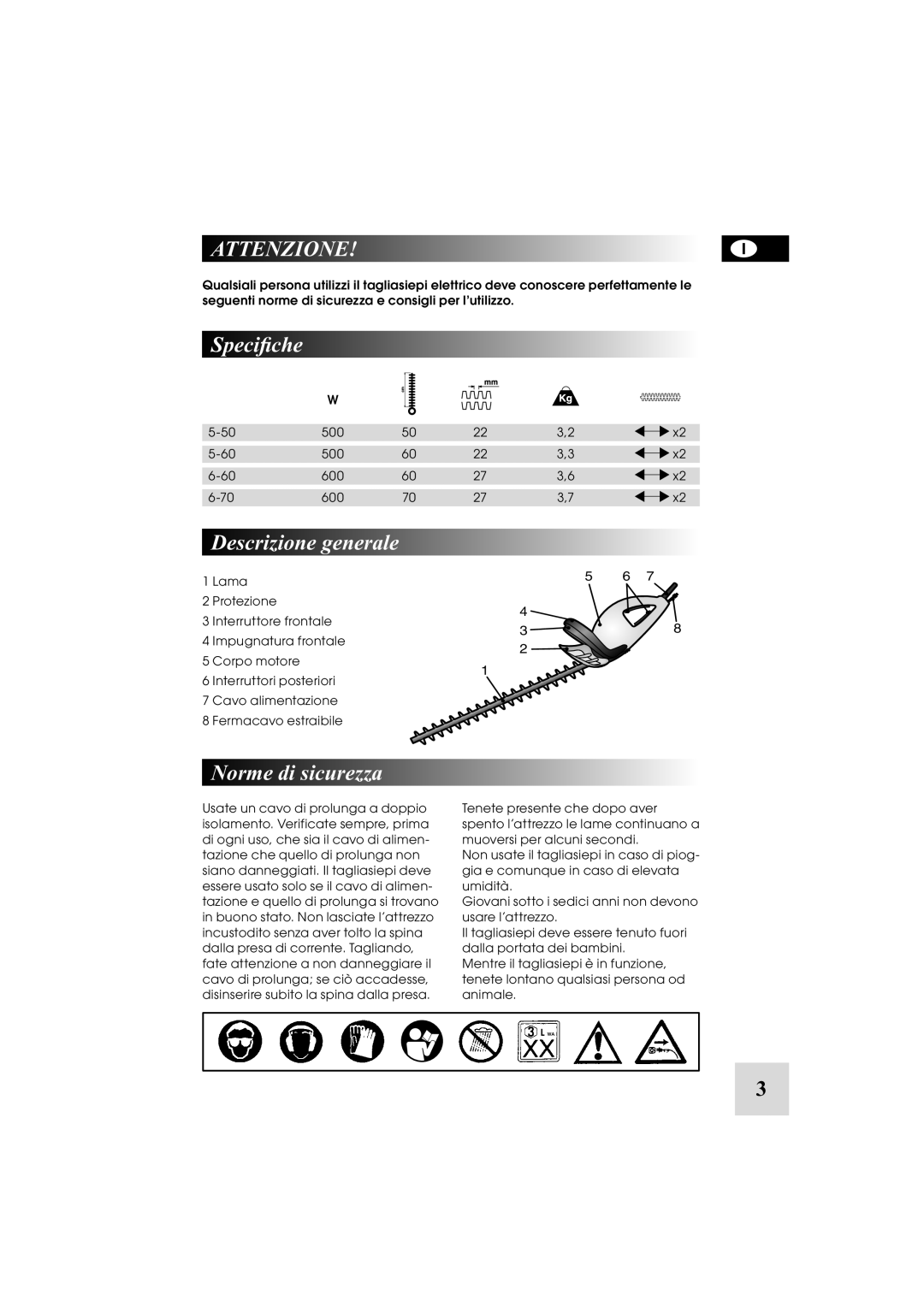 McCulloch 6-70, 5-60, 6-600W, 248748, 5-500W manual Attenzione, Speciﬁche, Descrizione generale, Norme di sicurezza 