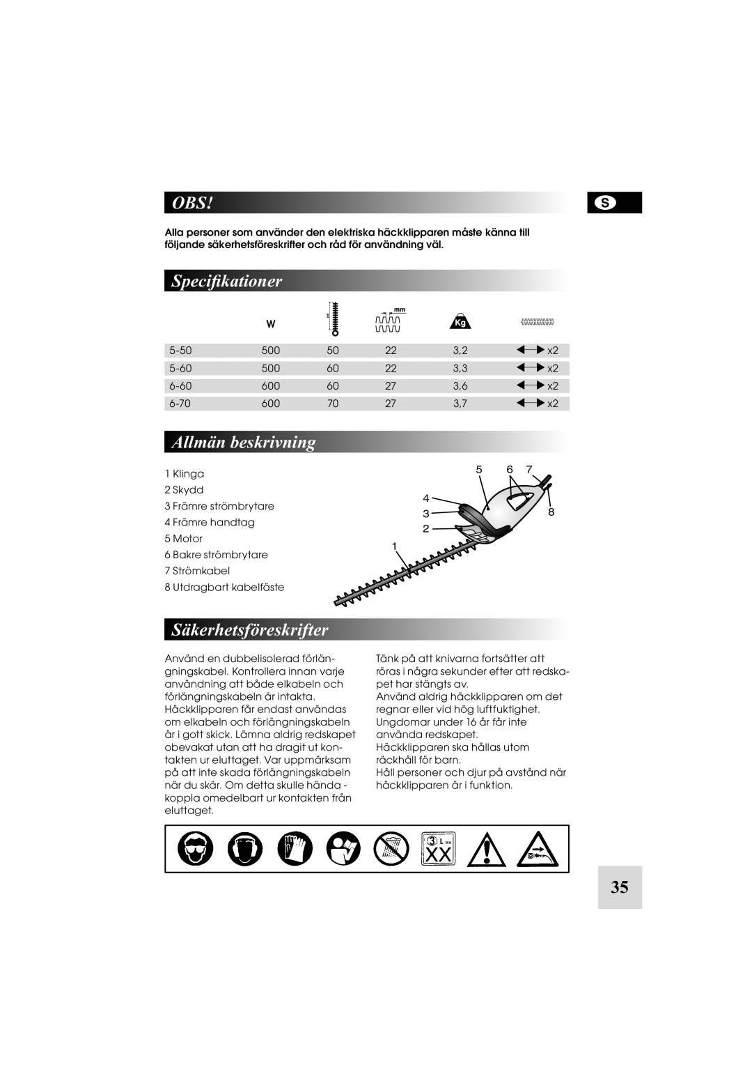 McCulloch 6-70, 5-60, 6-600W, 248748, 5-500W manual Obs, Speciﬁkationer, Allmän beskrivning, Säkerhetsföreskrifter 