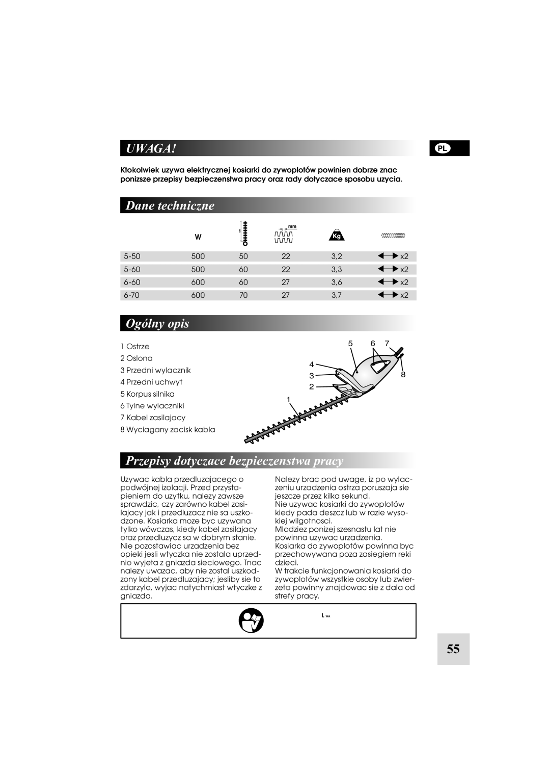 McCulloch 5-500W, 6-70, 5-60, 6-600W, 248748 Uwaga, Dane techniczne, Ogólny opis, Przepisy dotyczace bezpieczenstwa pracy 