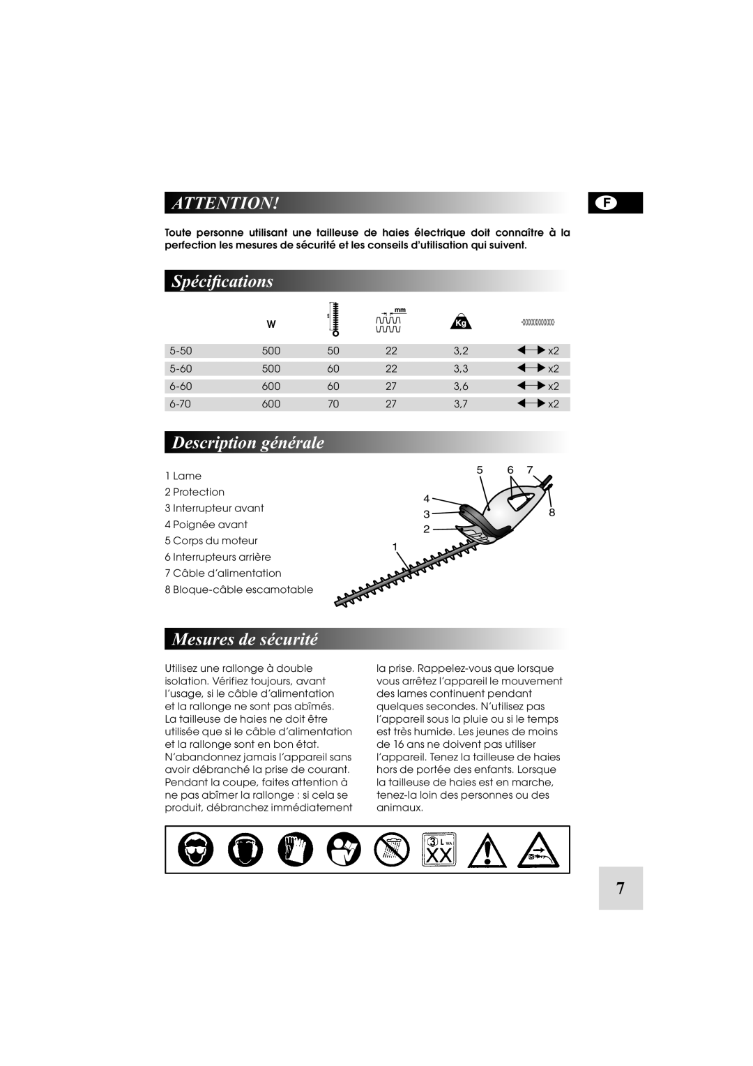 McCulloch 6-70, 5-60, 6-600W, 248748, 5-500W manual Spéciﬁcations, Description générale, Mesures de sécurité 