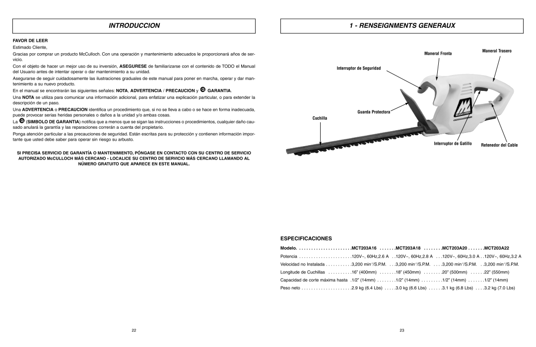 McCulloch 6096-203A12 Introduccion, Renseignments Generaux, Especificaciones, Favor DE Leer, MCT203A18 MCT203A20 MCT203A22 